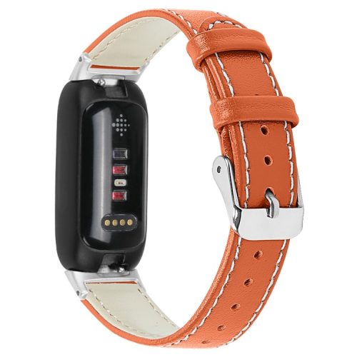 For Fitbit Inspire 3 Replacement Watch Strap Stitching Lines Top Layer Genuine Leather Wrist Band - Orange