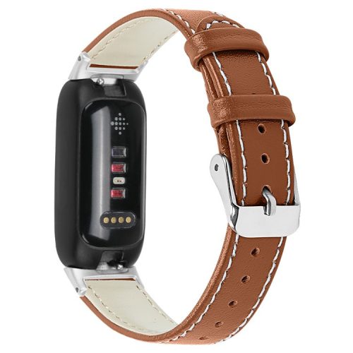 For Fitbit Inspire 3 Replacement Watch Strap Stitching Lines Top Layer Genuine Leather Wrist Band - Brown