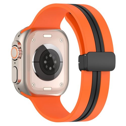 Waxy Cowhide Leather Watchband for Apple Watch Series 10 42mm / 9 8 7 41mm / SE (2023) SE (2022) SE 6 5 4 40mm / 3 2 1 38mm Bi-Color Silicone Strap Magnetic Buckle - Orange / Black