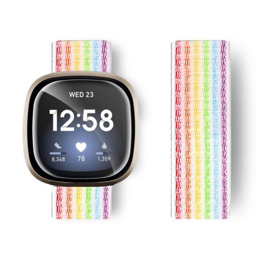 For Fitbit Versa 4 / Sense 2 Soft Nylon Watch Bands Sport Loop Strap Replacement Bracelet - Rainbow Pin-stripe