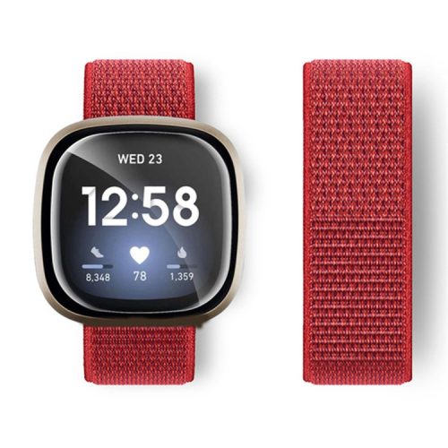 For Fitbit Versa 4 / Sense 2 Soft Nylon Watch Bands Sport Loop Strap Replacement Bracelet - Red