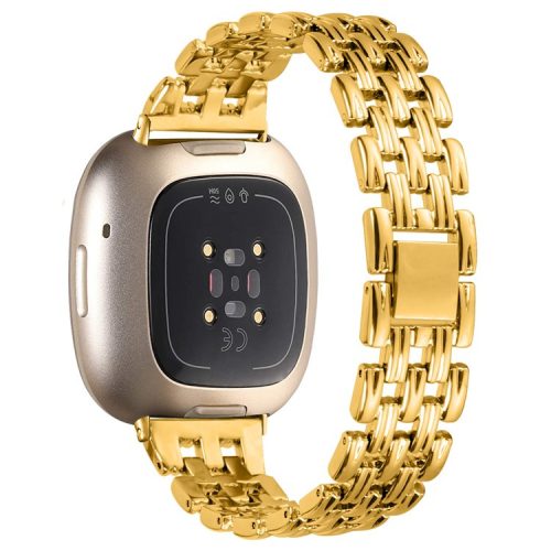 For Fitbit Versa 4 / Sense 2 Stainless Steel Replacement Strap Hollow 5 Beads Metal Watch Band - Gold