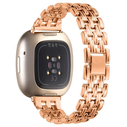 For Fitbit Versa 4 / Sense 2 Stainless Steel Replacement Strap Hollow 5 Beads Metal Watch Band - Rose Gold