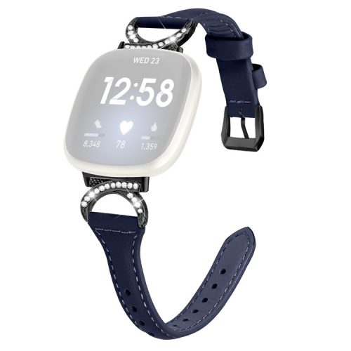 For Fitbit Versa 3 / Versa 4 / Sense / Sense 2 Rhinestone Watch Strap Genuine Cowhide Leather Watch Band with Black Buckle - Ink Blue