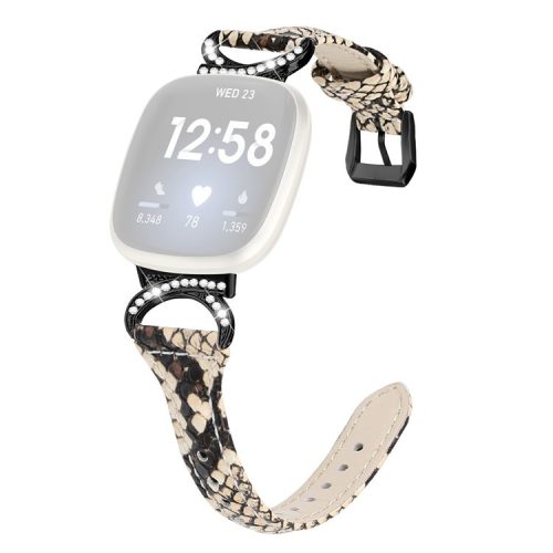 For Fitbit Versa 3 / Versa 4 / Sense / Sense 2 Rhinestone Watch Strap Genuine Cowhide Leather Watch Band with Black Buckle - Snake Pattern