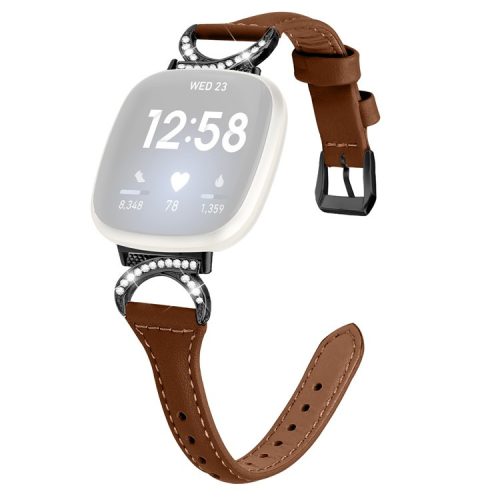 For Fitbit Versa 3 / Versa 4 / Sense / Sense 2 Rhinestone Watch Strap Genuine Cowhide Leather Watch Band with Black Buckle - Brown