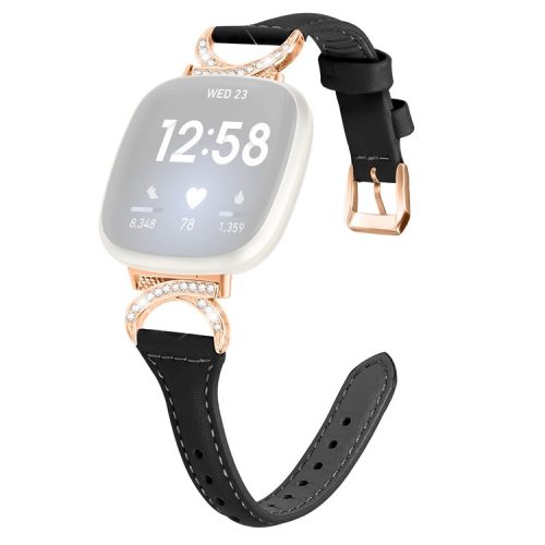 Genuine Cowhide Leather Watch Band for Fitbit Versa 3 / Versa 4 / Sense / Sense 2 , Rhinestone Decor Wristband Strap with Rose Gold Buckle - Black