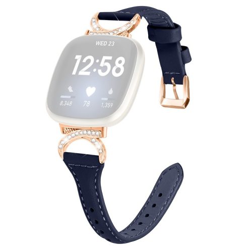 Genuine Cowhide Leather Watch Band for Fitbit Versa 3 / Versa 4 / Sense / Sense 2 , Rhinestone Decor Wristband Strap with Rose Gold Buckle - Ink Blue