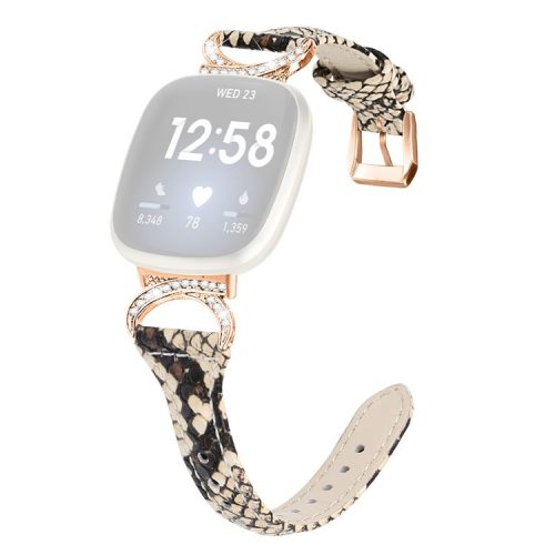 Genuine Cowhide Leather Watch Band for Fitbit Versa 3 / Versa 4 / Sense / Sense 2 , Rhinestone Decor Wristband Strap with Rose Gold Buckle - Snake Pattern