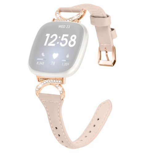 Genuine Cowhide Leather Watch Band for Fitbit Versa 3 / Versa 4 / Sense / Sense 2 , Rhinestone Decor Wristband Strap with Rose Gold Buckle - Apricot