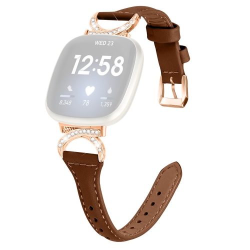 Genuine Cowhide Leather Watch Band for Fitbit Versa 3 / Versa 4 / Sense / Sense 2 , Rhinestone Decor Wristband Strap with Rose Gold Buckle - Brown