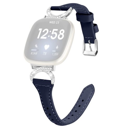 For Fitbit Versa 3 / Versa 4 / Sense / Sense 2 Watch Band Rhinestone Genuine Cowhide Leather Strap with Silver Buckle - Ink Blue