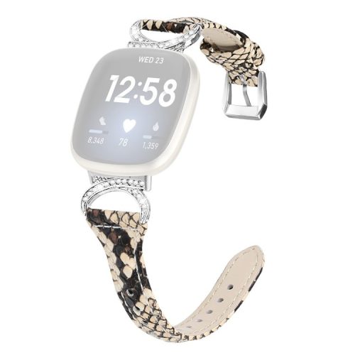 For Fitbit Versa 3 / Versa 4 / Sense / Sense 2 Watch Band Rhinestone Genuine Cowhide Leather Strap with Silver Buckle - Snake Pattern