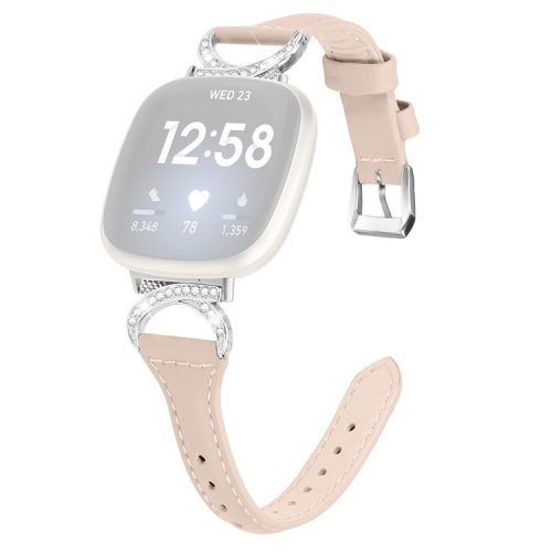 For Fitbit Versa 3 / Versa 4 / Sense / Sense 2 Watch Band Rhinestone Genuine Cowhide Leather Strap with Silver Buckle - Apricot