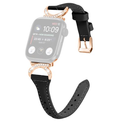 Band for Apple Watch Series 10 46mm / Ultra 2 Ultra 49mm /  Series 9 8 7 45mm / 6 5 4 SE (2023) SE (2022) SE 44mm / 3 2 1 42mm Genuine Cowhide Leather Watch Strap with Rose Gold Buckle - Black