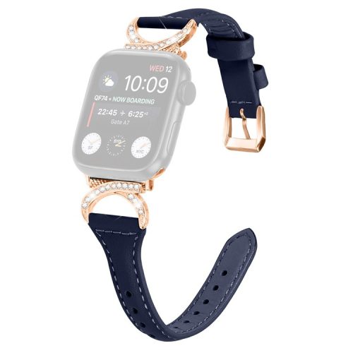 Band for Apple Watch Series 10 46mm / Ultra 2 Ultra 49mm /  Series 9 8 7 45mm / 6 5 4 SE (2023) SE (2022) SE 44mm / 3 2 1 42mm Genuine Cowhide Leather Watch Strap with Rose Gold Buckle - Ink Blue