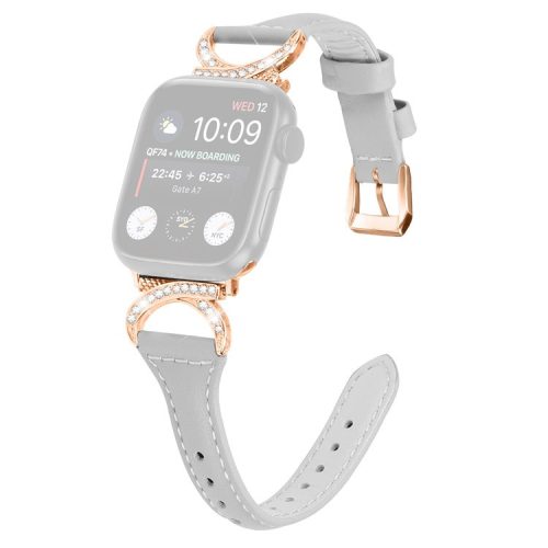 Band for Apple Watch Series 10 46mm / Ultra 2 Ultra 49mm /  Series 9 8 7 45mm / 6 5 4 SE (2023) SE (2022) SE 44mm / 3 2 1 42mm Genuine Cowhide Leather Watch Strap with Rose Gold Buckle - Grey