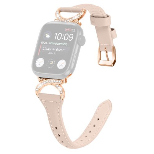 Band for Apple Watch Series 10 46mm / Ultra 2 Ultra 49mm /  Series 9 8 7 45mm / 6 5 4 SE (2023) SE (2022) SE 44mm / 3 2 1 42mm Genuine Cowhide Leather Watch Strap with Rose Gold Buckle - Apricot