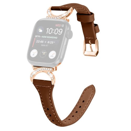 Band for Apple Watch Series 10 46mm / Ultra 2 Ultra 49mm /  Series 9 8 7 45mm / 6 5 4 SE (2023) SE (2022) SE 44mm / 3 2 1 42mm Genuine Cowhide Leather Watch Strap with Rose Gold Buckle - Brown