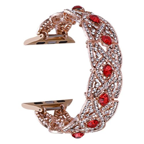 Waxy Cowhide Leather Watchband for Apple Watch Series 10 42mm / 9 8 7 41mm / SE (2023) SE (2022) SE 6 5 4 40mm / 3 2 1 38mm Rhinestone Decor Crossover Design Metal Waxy Strap - Rose Gold+Red