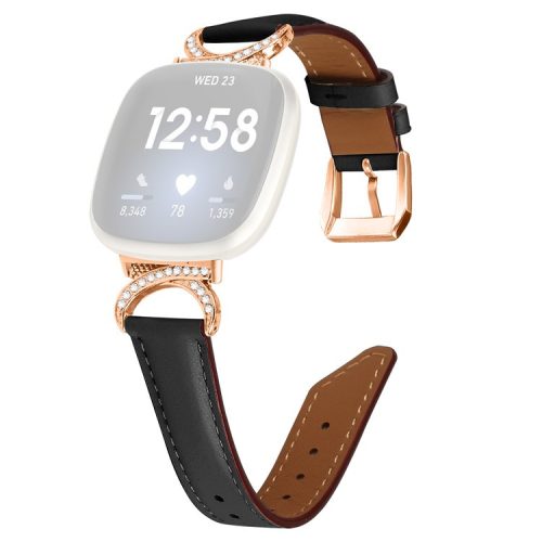 For Fitbit Versa 3 / Versa 4 / Sense / Sense 2 Wrist Band Rhinestone D-shape Connector Split Leather Adjustable Strap with Rose Gold Buckle - Black