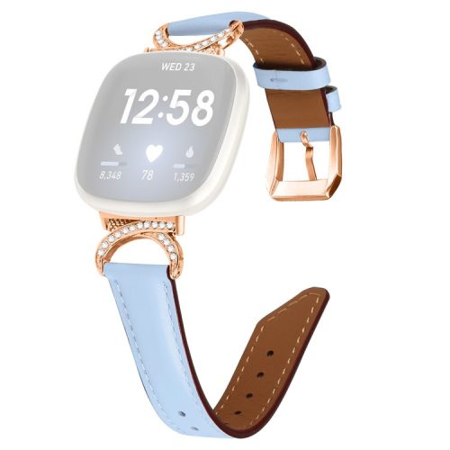 For Fitbit Versa 3 / Versa 4 / Sense / Sense 2 Wrist Band Rhinestone D-shape Connector Split Leather Adjustable Strap with Rose Gold Buckle - Blue