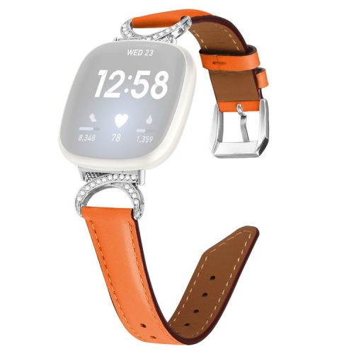 For Fitbit Versa 3 / Versa 4 / Sense / Sense 2 Rhinestone D-shape Connector Wrist Band Split Leather Watch Strap with Silver Buckle - Orange