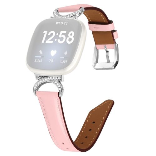 For Fitbit Versa 3 / Versa 4 / Sense / Sense 2 Rhinestone D-shape Connector Wrist Band Split Leather Watch Strap with Silver Buckle - Pink