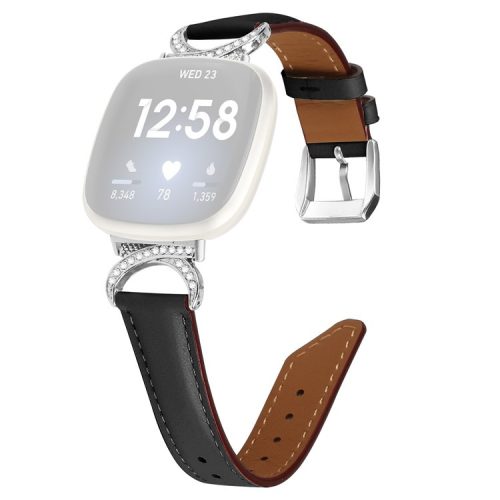 For Fitbit Versa 3 / Versa 4 / Sense / Sense 2 Rhinestone D-shape Connector Wrist Band Split Leather Watch Strap with Silver Buckle - Black