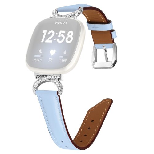 For Fitbit Versa 3 / Versa 4 / Sense / Sense 2 Rhinestone D-shape Connector Wrist Band Split Leather Watch Strap with Silver Buckle - Blue