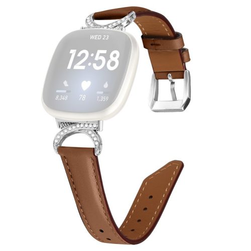 For Fitbit Versa 3 / Versa 4 / Sense / Sense 2 Rhinestone D-shape Connector Wrist Band Split Leather Watch Strap with Silver Buckle - Brown