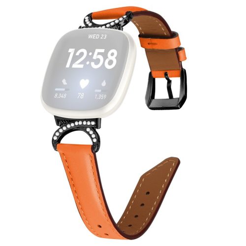 For Fitbit Versa 3 / Versa 4 / Sense / Sense 2 Split Leather Watch Strap Rhinestone D-shape Connector Wrist Band with Black Buckle - Orange