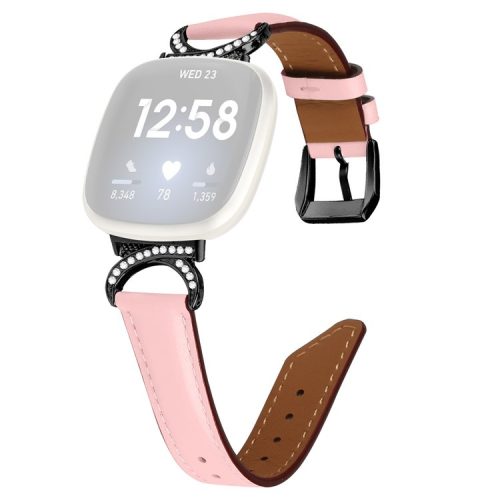 For Fitbit Versa 3 / Versa 4 / Sense / Sense 2 Split Leather Watch Strap Rhinestone D-shape Connector Wrist Band with Black Buckle - Pink