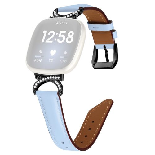 For Fitbit Versa 3 / Versa 4 / Sense / Sense 2 Split Leather Watch Strap Rhinestone D-shape Connector Wrist Band with Black Buckle - Blue