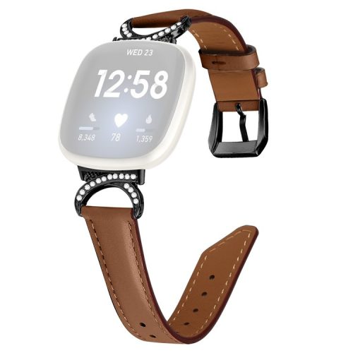 For Fitbit Versa 3 / Versa 4 / Sense / Sense 2 Split Leather Watch Strap Rhinestone D-shape Connector Wrist Band with Black Buckle - Brown