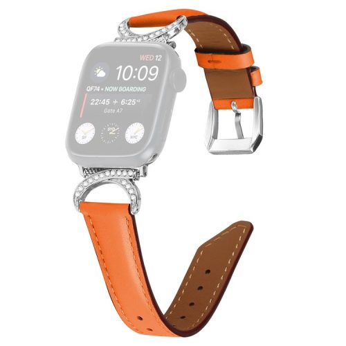 Band for Apple Watch Series 10 46mm / Ultra 2 Ultra 49mm /  Series 9 8 7 45mm / 6 5 4 SE (2023) SE (2022) SE 44mm / 3 2 1 42mm Genuine Cowhide Leather Rhinestone Strap with Silver Buckle - Orange