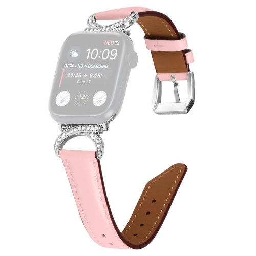 Band for Apple Watch Series 10 46mm / Ultra 2 Ultra 49mm /  Series 9 8 7 45mm / 6 5 4 SE (2023) SE (2022) SE 44mm / 3 2 1 42mm Genuine Cowhide Leather Rhinestone Strap with Silver Buckle - Pink