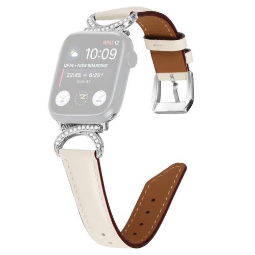 Band for Apple Watch Series 10 46mm / Ultra 2 Ultra 49mm /  Series 9 8 7 45mm / 6 5 4 SE (2023) SE (2022) SE 44mm / 3 2 1 42mm Genuine Cowhide Leather Rhinestone Strap with Silver Buckle - Apricot