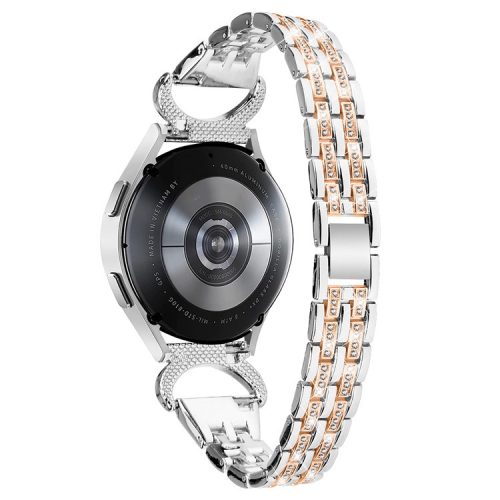 Stainless Steel Watch Band for Samsung Galaxy Watch6 40mm 44mm / Watch6 Classic 43mm 47mm / Watch 5 40mm 44mm / Watch4 40mm 44mm / Watch3 41mm , 20mm 5-Bead Rhinestone Decor Bracelet - Silver+Rose Gold