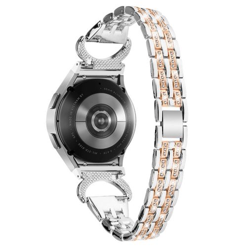 Bling Band for Samsung Galaxy Watch6 40mm 44mm / Watch6 Classic 43mm 47mm / Watch 5 40mm 44mm / Watch4 40mm 44mm , Rhinestone Decor Stainless Steel 5-Bead Watch Strap with Connector - Silver+Rose Gold