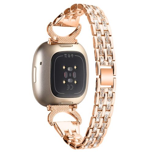 For Fitbit Versa 4 / Sense 2 Bling Rhinestone Decor Band 5-Bead Stainless Steel Watch Strap Bracelet - Rose Gold