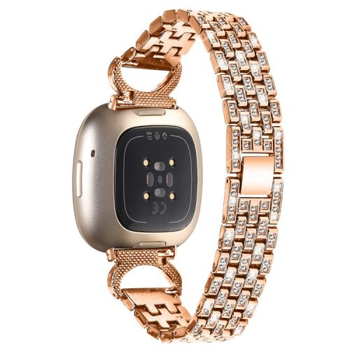 For Fitbit Versa 3 / Sense Stainless Steel Watch Band 5-Bead Rhinestone Decor Metal Bracelet - Rose Gold