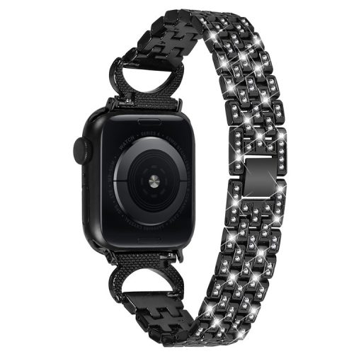 Bling Band Watch Strap for Apple Watch Series 10 42mm / 9 8 7 41mm / SE (2023) SE (2022) SE 6 5 4 40mm / 3 2 1 38mm Rhinestone Decor Stainless Steel 5-Bead Watch Strap - Black