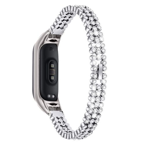 For Xiaomi Mi Band 9 NFC / Mi Band 9 / Smart Band 8 NFC / Smart Band 8 Rhinestone Decor Stainless Steel Strap Smartwatch Wrist Band - Silver