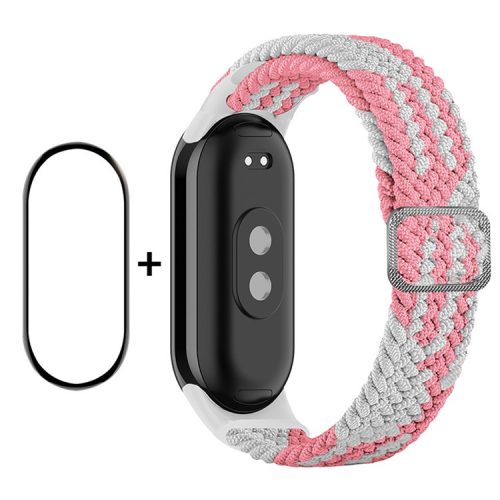 ENKAY HAT-PRINCE For Xiaomi Mi Band 9 NFC / Mi Band 9 / Smart Band 8 NFC / Smart Band 8 Watch Band Nylon Strap with PMMA Film - Pink / White