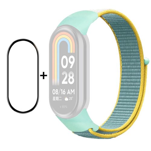 ENKAY HAT-PRINCE For Xiaomi Mi Band 9 NFC / Mi Band 9 / Smart Band 8 NFC / Smart Band 8 Nylon Watch Band with PMMA Screen Film - Cyan / Yellow