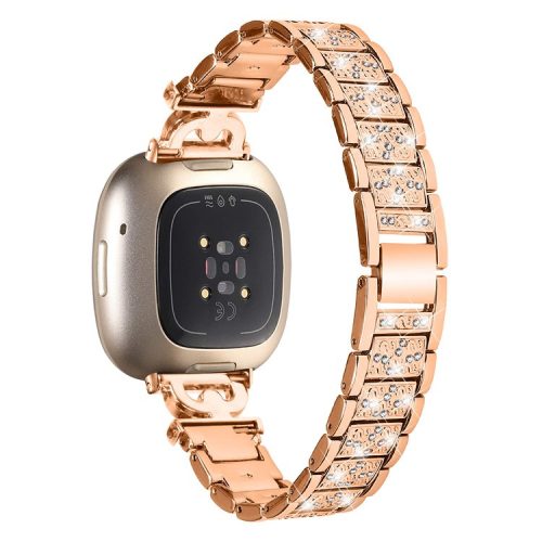 3-Bead Rhinestone Decor Smartwatch Strap for Fitbit Versa 3 / Sense , Stainless Steel Watch Band Replacement - Rose Gold