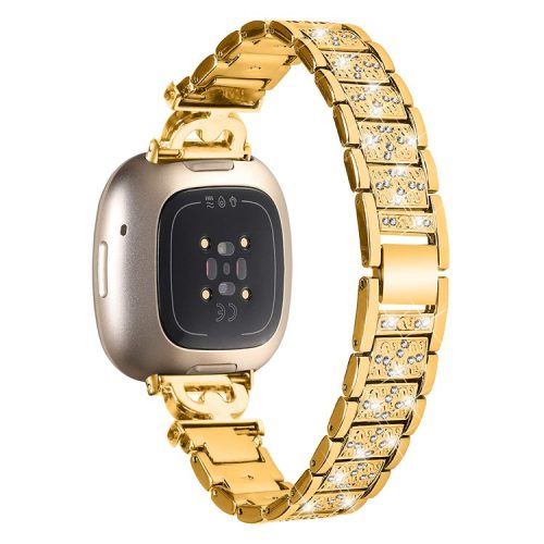 For Fitbit Versa 4 / Sense 2 Stainless Steel Watch Band 3-Bead Rhinestone Decor Replacement Bracelet - Gold