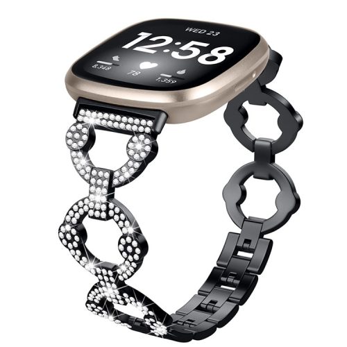 For Fitbit Versa 4 / Sense 2 Rhinestone Decor Watch Band Stainless Steel Bracelet Wristband - Black