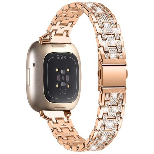 For Fitbit Versa 4 / Sense 2 Rhinestones Decor Metal Watch Band 5 Beads Dual Press Buckle Dressy Replacement Bracelet - Rose Gold